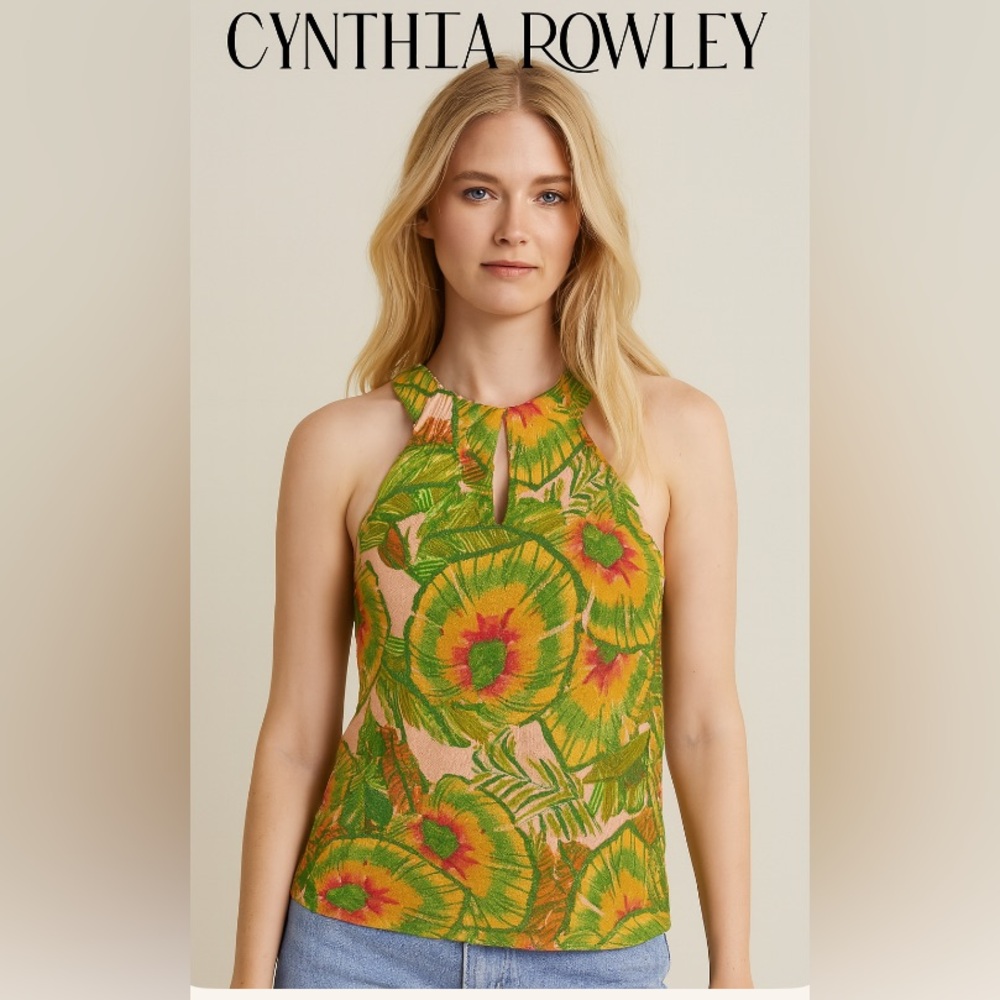 Cynthia  Rowley Linen Blend Pleated Tank Top Floral Print Size S NWT